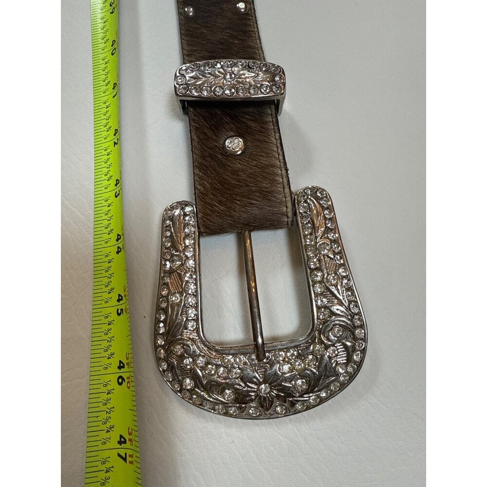 Handcrafted Leather Cowhide Belt Western Style Rhinestones Floral Buckle Design - Picture 7 of 9
